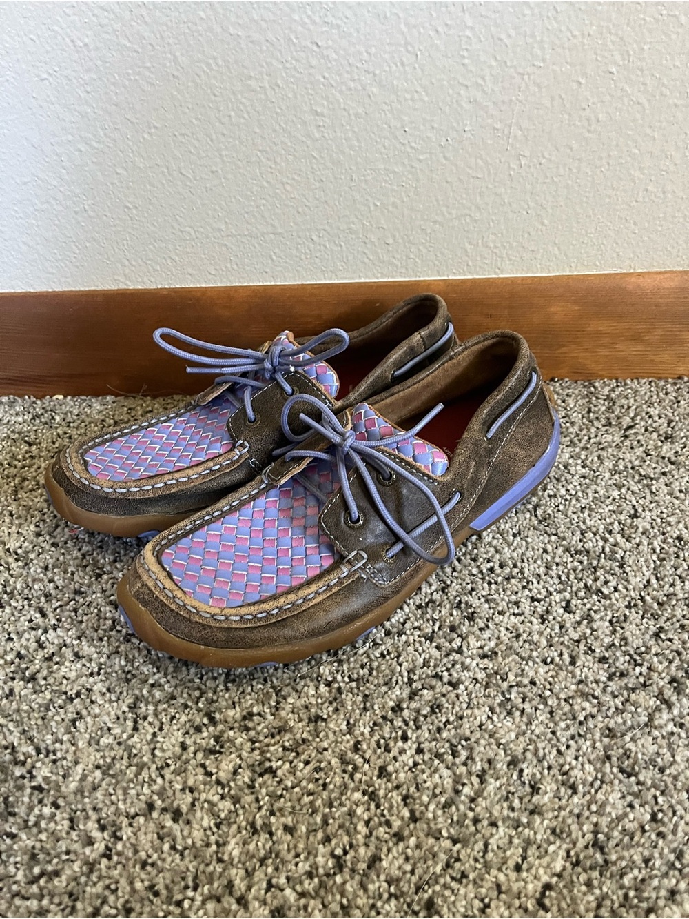 Twisted X Brown Leather Boat Shoes with Lavender and Pink Woven Upper